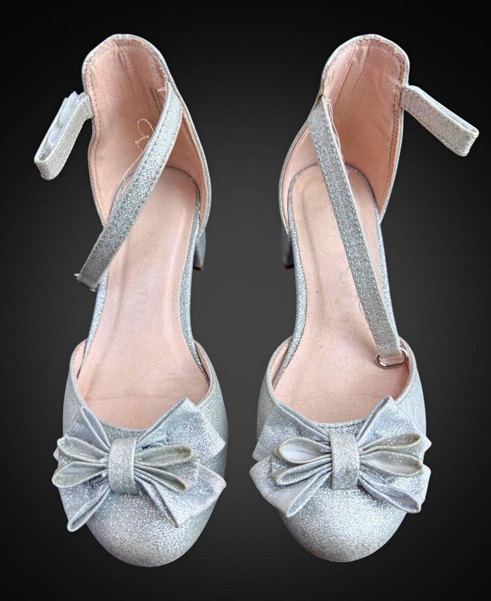 Kelly & Katie Girls Mary Jane Heel US 13 Silver Glitter Bow Ankle Strap Buckle